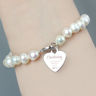 Personalised Christening Swirls & Hearts White Freshwater Pearl Bracelet