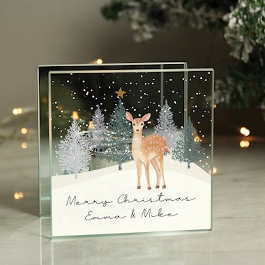 Personalised Christmas Deer Glass Tea Light Candle Holder