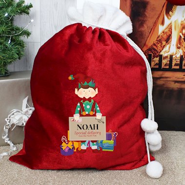 Personalised Christmas Elf Pom Pom Red Santa Sack