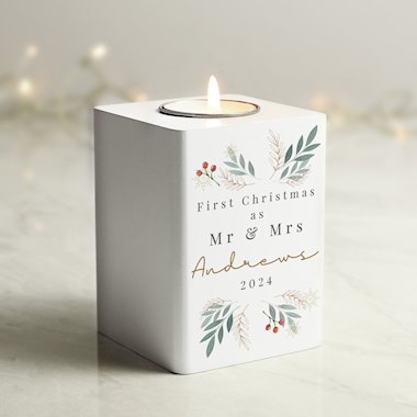 Personalised Christmas Foliage White Tealight Holder (New for Xmas 2025)