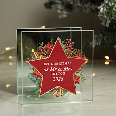 Personalised Christmas Glass Tea Light Candle Holder
