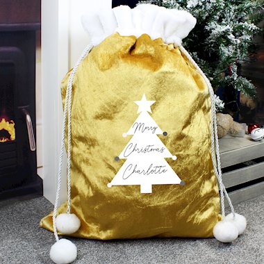 Personalised Christmas Tree Pom Pom Gold Santa Sack
