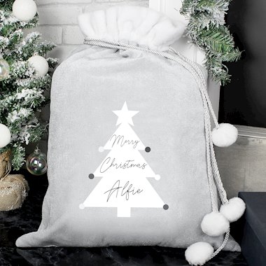 Personalised Christmas Tree Silver Grey Pom Pom Santa Sack