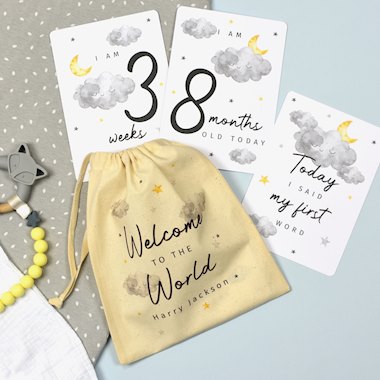 Personalised Cloud Baby Milestone Cards In Drawstring Bag