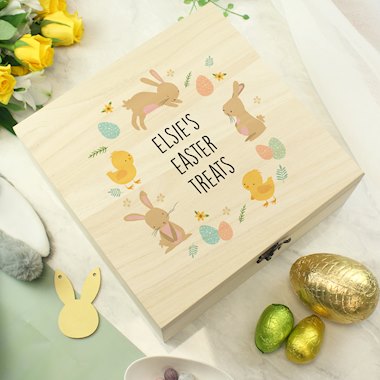 Personalised Easter Bunny & Chick Large Wooden Keepsake Box