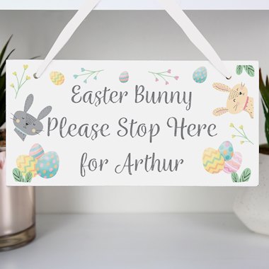 Personalised Easter Bunny Stop Here Wooden Sign