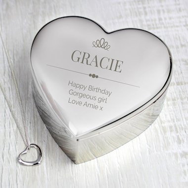 Personalised Elegant Crown Heart Trinket Box & Sterling Silver Necklace Set