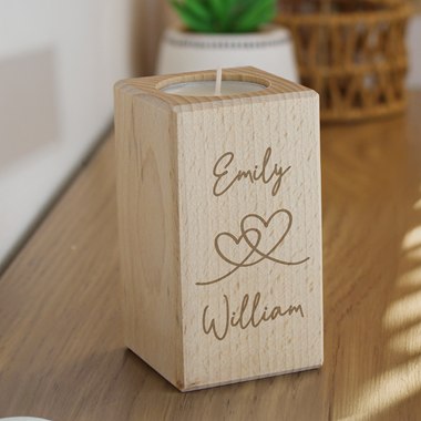 Personalised Engraved Hearts Wooden Tealight Holder