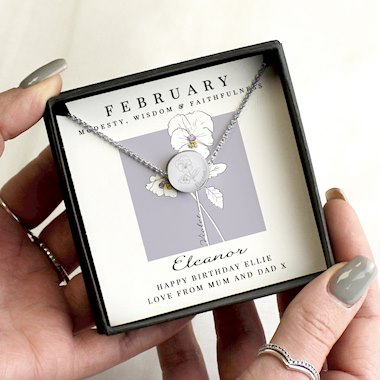 Personalised February Birth Flower Necklace and Box