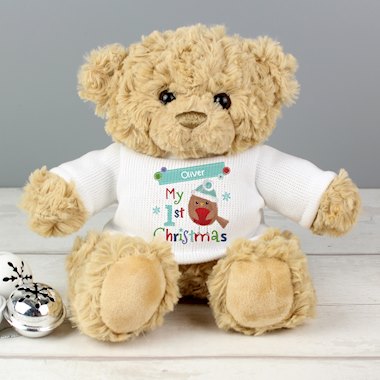 Personalised Felt Stitch Robin My 1st Christmas Teddy Bear