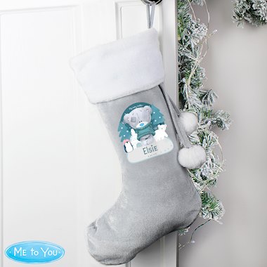 Personalised First Christmas Tiny Tatty Teddy Silver Grey Stocking