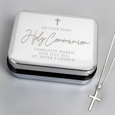Personalised First Holy Communion Box & Cross Necklace Set