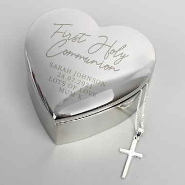 Personalised First Holy Communion Heart Trinket Box & Cross Necklace Set