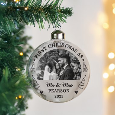 Personalised First Married Christmas Photo Upload Glass Bauble (New for Xmas 2025)