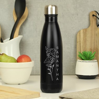 Personalised Floral Black Metal Insulated Drinks Bottle