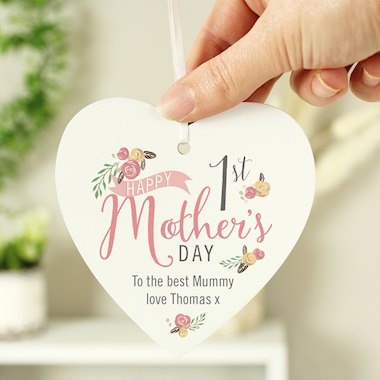 Personalised Floral Bouquet 1st Mothers Day Wooden Heart Decoration