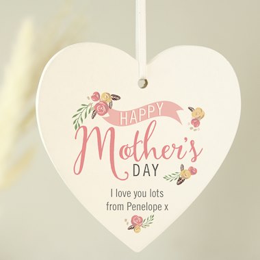 Personalised Floral Bouquet Mothers Day Wooden Heart Decoration