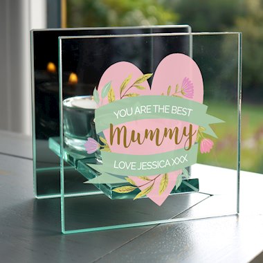 Personalised Floral Heart Mothers Day Mirrored Glass Tea Light Holder