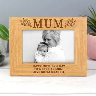 Personalised Floral Mum 6x4 Oak Finish Photo Frame