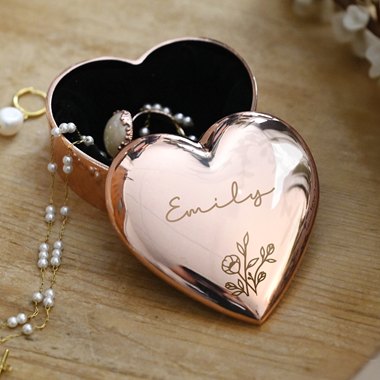 Personalised Floral Rose Gold Heart Trinket Box