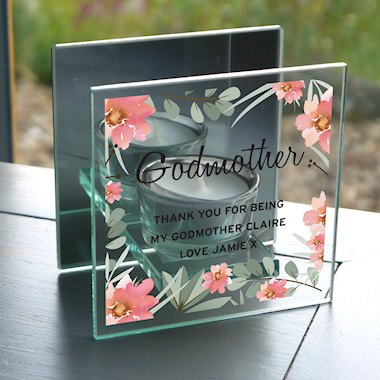 Personalised Floral Sentimental Mirrored Glass Tea Light Candle Holder