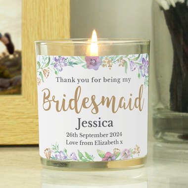Personalised Bridesmaid Floral Watercolour Wedding Scented Jar Candle