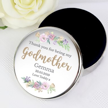 Personalised Godmother Floral Watercolour Round Trinket Box