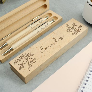 Personalised Floral Wooden Pen and Pencil Set