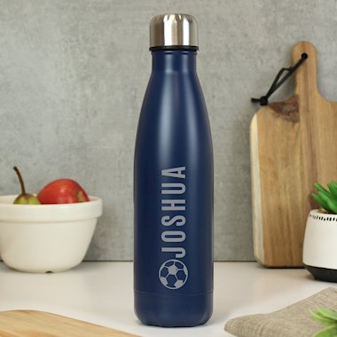 Personalised Football Navy Metal Insulated Drinks Bottle