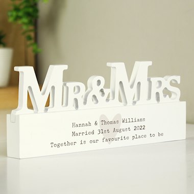 Personalised Free Text Heart Wooden Mr & Mrs Ornament