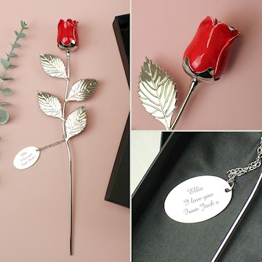 Personalised Free Text Silver Plated Red Rose