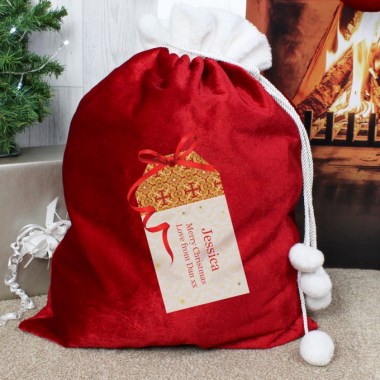Personalised Gift Tag Pom Pom Red Santa Sack
