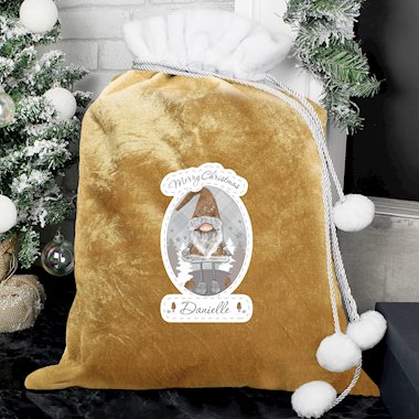 Personalised Gonk Pom Pom Gold Santa Sack