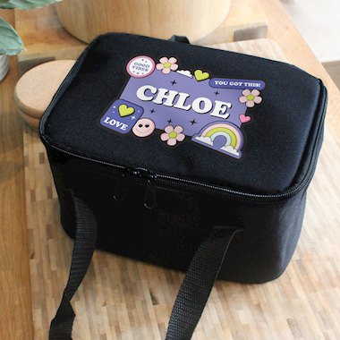 Personalised Good Vibes Black Lunch Bag