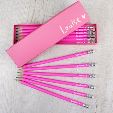 12 Personalised Pink HB Pencils With Name On Box, Heart Design