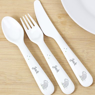 Personalised Hessian Elephant 3 Piece Plastic Cutlery Set