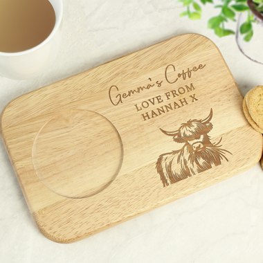 Personalised Highland Cow Wooden Coaster Tray