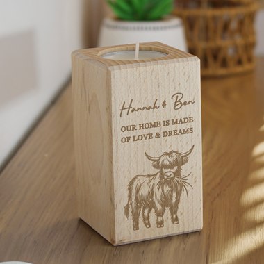 Personalised Highland Cow Wooden Tealight Holder