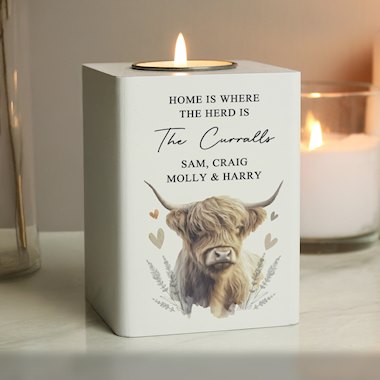 Personalised Highland Cow Wooden Tealight Holder