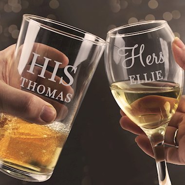 Personalised His & Her Pint and Wine Glass Set