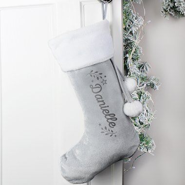 Personalised Holly Grey Christmas Stocking