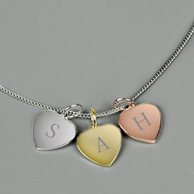Personalised Initials Gold Rose Gold and Silver 3 Hearts Necklace