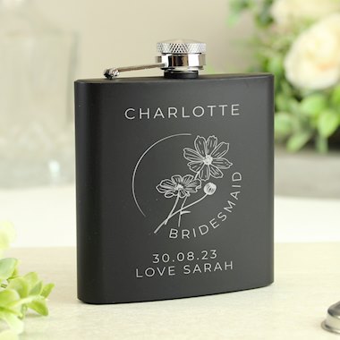 Personalised Monochrome Floral Wedding Party Black Hip Flask