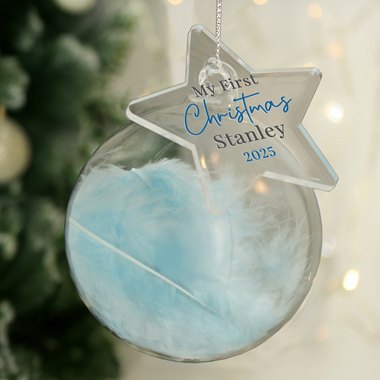 Personalised My 1st Christmas Blue Feather Bauble