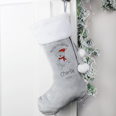 Personalised My 1st Christmas Teddy Silver Grey Stocking (New for Xmas 2024)