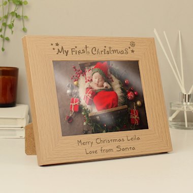 Personalised My First Christmas 7x5 Landscape Wooden Photo Frame