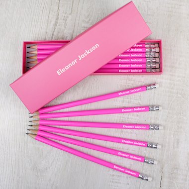 12 Personalised Pink HB Pencils With Name On Box