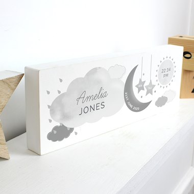 Personalised New Baby Moon & Stars Wooden Mantel Decoration