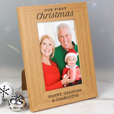 Personalised Our First Christmas 4x6 Oak Finish Photo Frame