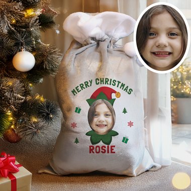 Personalised Photo Upload Elf Christmas Sack